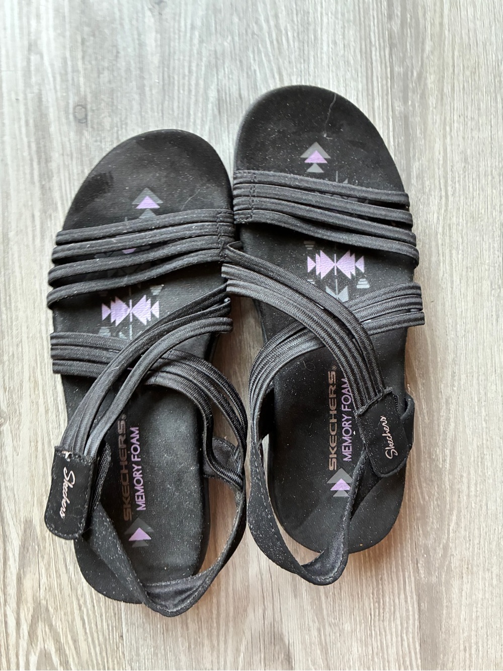 Skechers Black Women's Strappy Memory Foam Sandals with Purple Accents